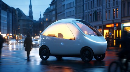 A futuristic vehicle navigating a city street at night, illuminated by ambient lights.