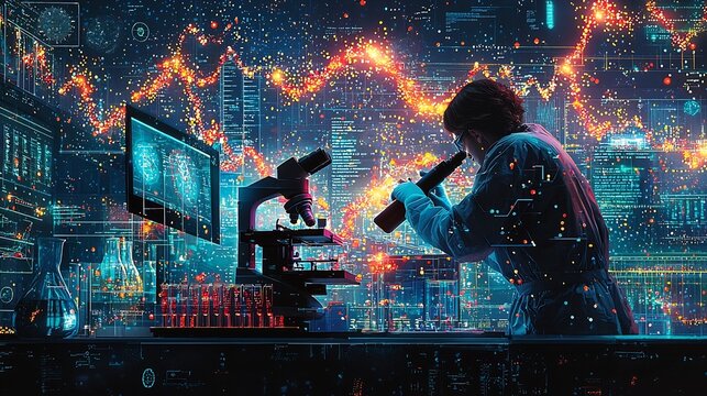 Researcher examines microscopic samples under a microscope in a modern laboratory setting