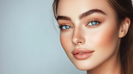 Fototapeta premium Stunning close-up portrait of a young woman with beautiful blue eyes, flawless skin, and perfectly shaped brows, showcasing natural beauty and elegance in soft lighting