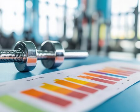 New Years health goals with vibrant charts, sleek gym setup, motivational energy