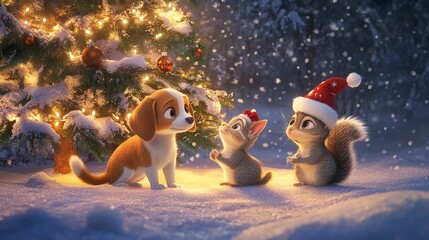 Christmas Friends - Dog, Squirrel and Mouse under the Tree