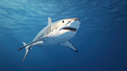 Fototapeta premium Great White Shark Swimming Underwater in Blue Ocean Marine Life Wildlife Predator Nat