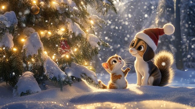 Dog and Cat Celebrating Christmas Together - Powered by Adobe