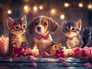 Fototapeta premium Adorable Kittens and Puppy with Candles and Hearts for Valentines Day