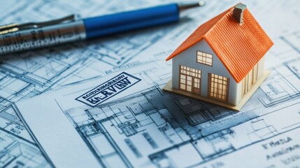 Architectural blueprints and a miniature house model