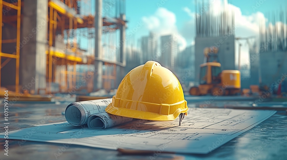 Poster vibrant construction site scene highlighting a yellow hard hat and architectural blueprints showcasi