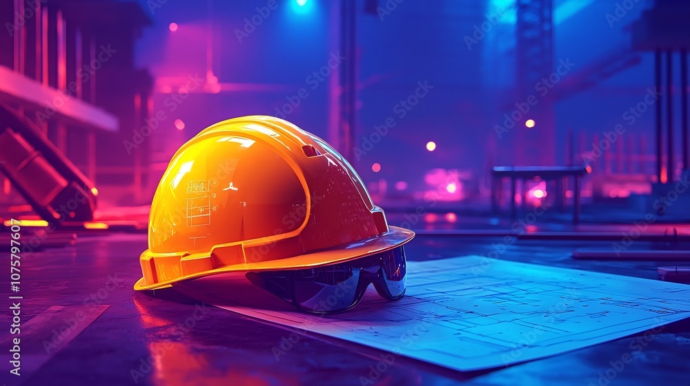 Poster vibrant construction site scene focused on yellow hard hat and blueprint blueprints showcasing backg