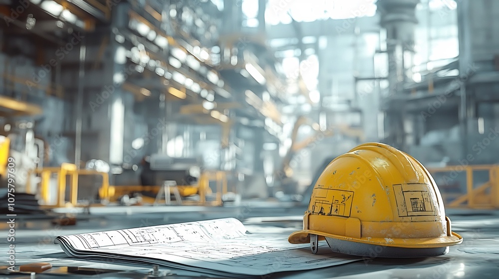 Poster vibrant construction site scene showcasing yellow hardhat blueprints and background activity of tool