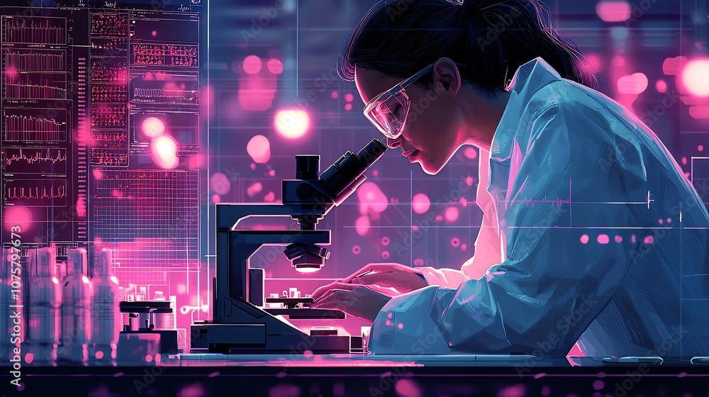 Poster vibrant laboratory workspace featuring a scientist carefully documenting research findings while usi