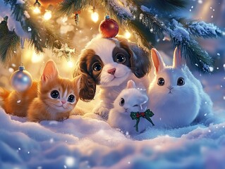 Cute Animals Under Christmas Tree