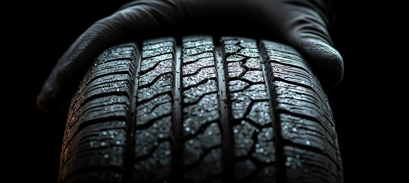 Photorealistic close-up of a mechanic's hand gripping a tire, perfect for automotive services, advertising, or technical tutorials. Ideal for car service promotions.