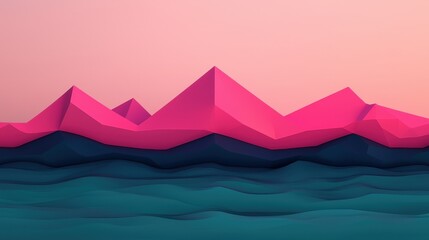 Abstract Geometric Mountain Landscape with Pink Peaks and Blue Water