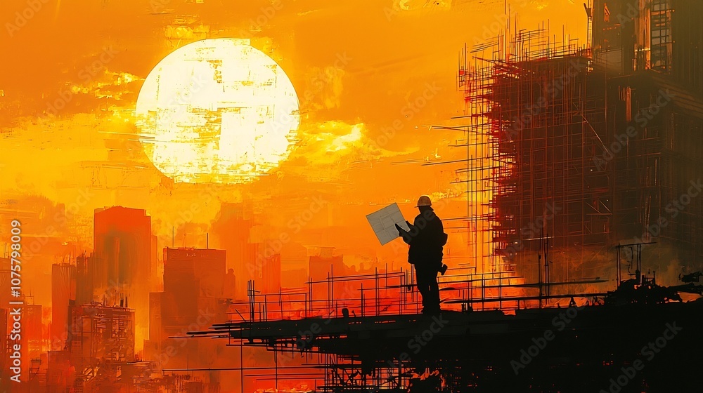 Poster worker surveying construction site at vibrant sunset with building plans and blueprints capturing th