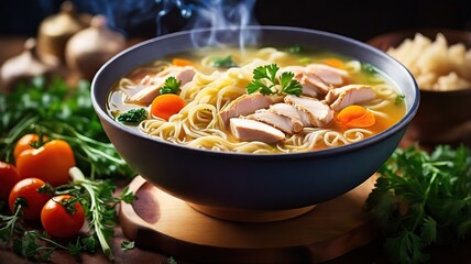 A steaming bowl of chicken noodle soup, each element exuding warmth and comfort: tender pieces of chicken, al dente noodles, and vibrant vegetables floating in a rich, golden broth
