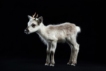 Fototapeta premium the beside view baby Reindeer standing, left side view, low angle, white copy space on right, Isolated on black Background
