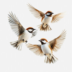 Obraz premium Realistic Illustration of Isolated Birds in Flight with Detailed Feathers and Elegant Wing Movement on a Clean White Background