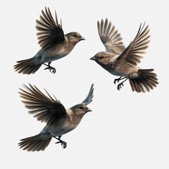 Detailed Illustration of Three Birds in Flight Isolated on White Background, Showcasing Realistic Features and Dynamic Wing Positions for Visual Appeal
