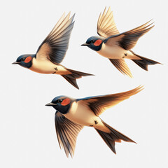 Obraz premium Beautiful Illustration of Three Isolated Birds in Flight Over a White Background, Showcasing Detailed Feathers and Graceful Movements, Perfect for Animal Lovers
