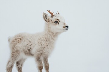 Obraz premium the beside view baby Reindeer standing, left side view, low angle, white copy space on right, Isolated on White Background