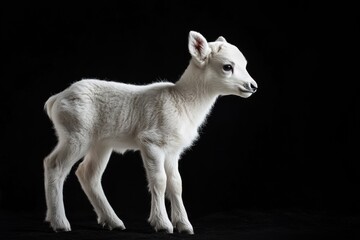 Fototapeta premium the beside view baby Reindeer standing, left side view, low angle, white copy space on right, Isolated on black Background