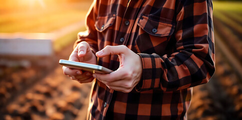 Close-up of a farmer checking weather data on a smartphone 