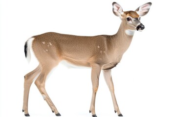 Fototapeta premium the beside view baby White-tailed Deer standing, left side view, low angle, white copy space on right, Isolated on White Background