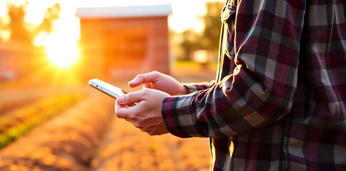 Close-up of a farmer checking weather data on a smartphone 