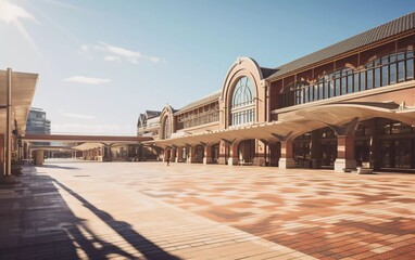 Fototapeta premium A spacious, modern architectural structure with sunlight casting shadows on the pavement.