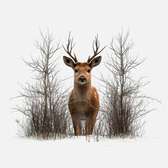 Detailed Illustration of a Deer Standing Majestically in a Forest Setting, Isolated on a White Background, Perfect for Nature-Themed Projects and Wildlife Designs