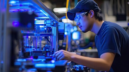 A Worker in Blue Shirt and Safety Glasses Adjusts a Machine Under Blue Lights