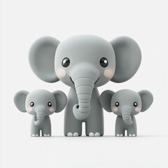 Adorable Illustration of a Family of Cartoon Elephants in Soft Gray Color Isolated on a Clean White Background for Playful and Whimsical Designs