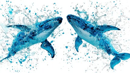 Fototapeta premium Blue Whales Splashing in Watercolor Style