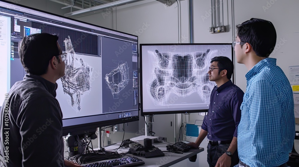 Aufkleber two men reviewing 3d model wireframe on computer monitors
