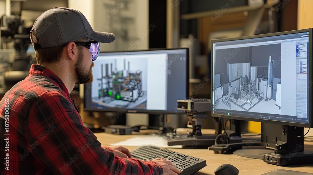 Poster man wearing safety glasses and cap using computer with 3d model on screen