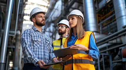 Obraz premium Three Industrial Workers in Hard Hats Holding a Clipboard