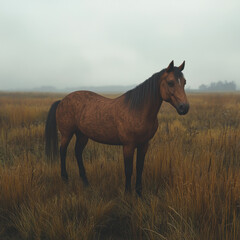 Obraz premium Realistic Illustration of a Horse Standing in a Field on White Background, Showcasing the Beauty and Grace of this Majestic Animal in Isolation