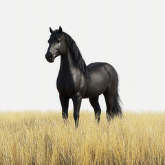 Fototapeta premium Elegant Black Horse Standing Gracefully in a Golden Field Against a Bright White Background, Captured in a Stunning Illustration for Visual Appeal