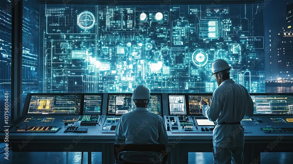 Poster two men monitoring a complex digital interface in a control room