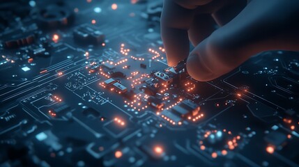 A close-up view of a hand manipulating a circuit board, highlighting intricate connections and glowing components.