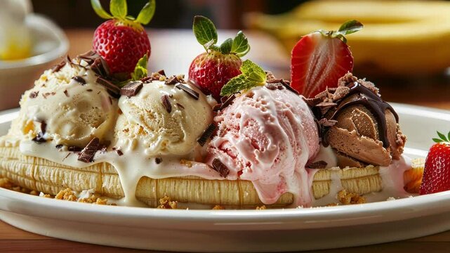A banana split with vanilla chocolate and strawberry ice cream paying tribute to the three generations of lepton flavors.