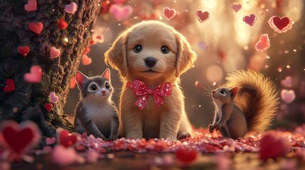 Golden Retriever Puppy with Cat and Squirrel in Love-Themed Setting