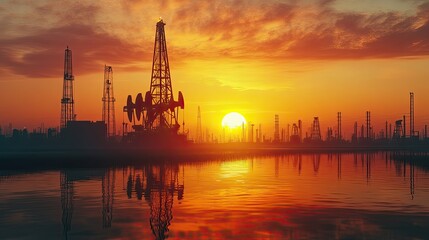 Obraz premium drilling derricks from oil field shadow at sunset crude oil industry petroleum 