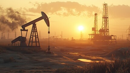 drilling derricks from oil field shadow at sunset crude oil industry petroleum 