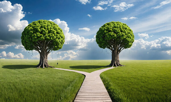 A wooden path splits between two large trees in a grassy field on a sunny day