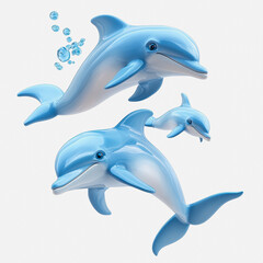 Obraz premium Playful Dolphins Collection Illustration on White Background, Perfect for Children's Materials and Nature Themes, Featuring Cute, Isolated Sea Creatures in Fun Shapes