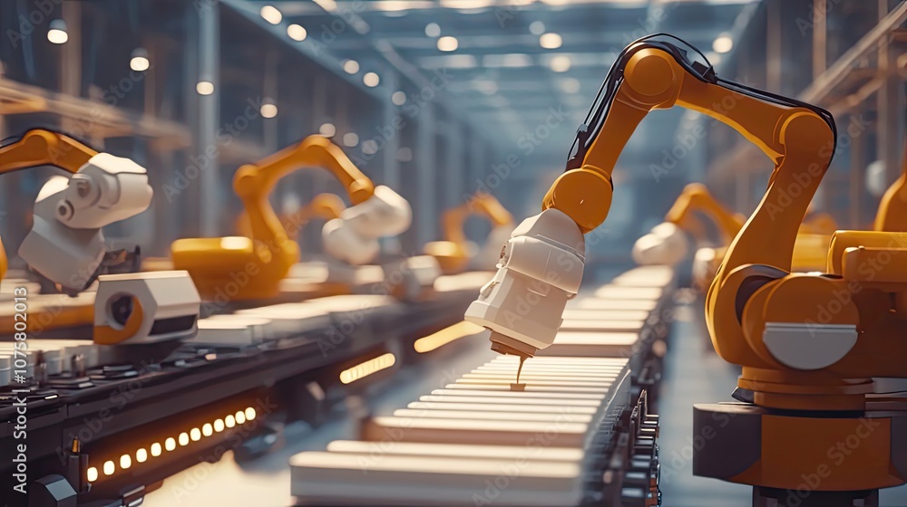 Poster industrial robots on an assembly line applying a substance to products
