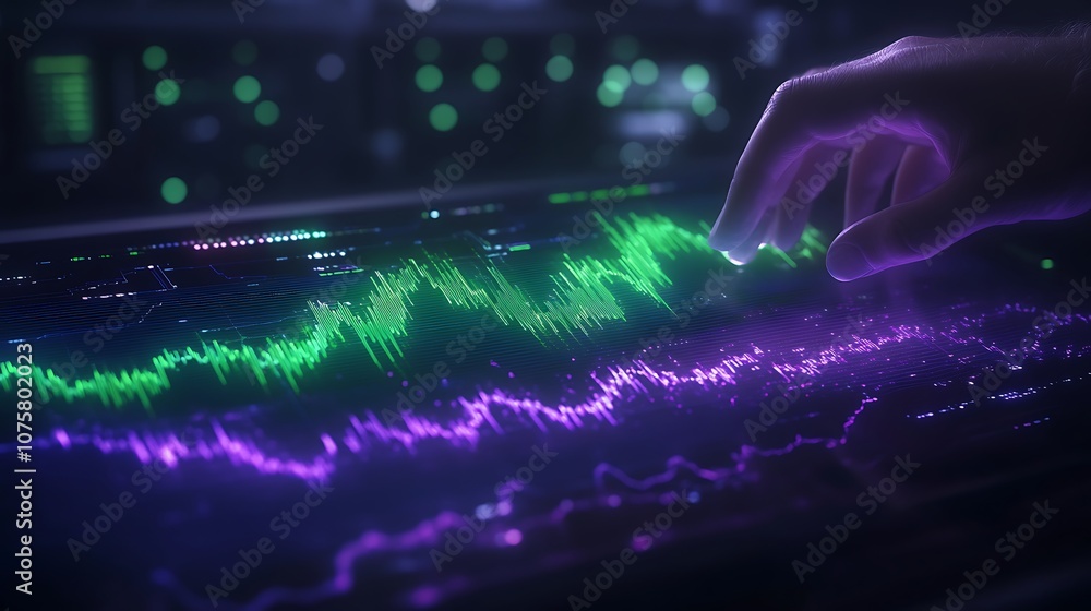 Poster a hand interacts with a vibrant digital soundwave display, showcasing colorful audio frequencies and