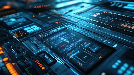 Fototapeta premium Close-up of a Futuristic Digital Interface with Glowing Blue and Orange Lights