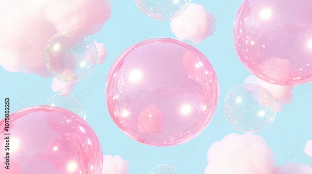 Poster pastel pink bubbles clouds abstract background 3d rendering