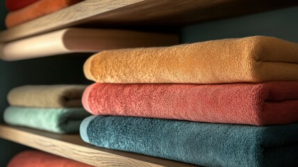A close-up of terry towels in vivid colors, perfectly folded